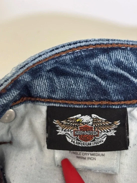 Harley-Davidson VTG Jeans Bootcut Women 14 Black Leather Patch 5 Pocket Zip fly - Picture 8 of 16